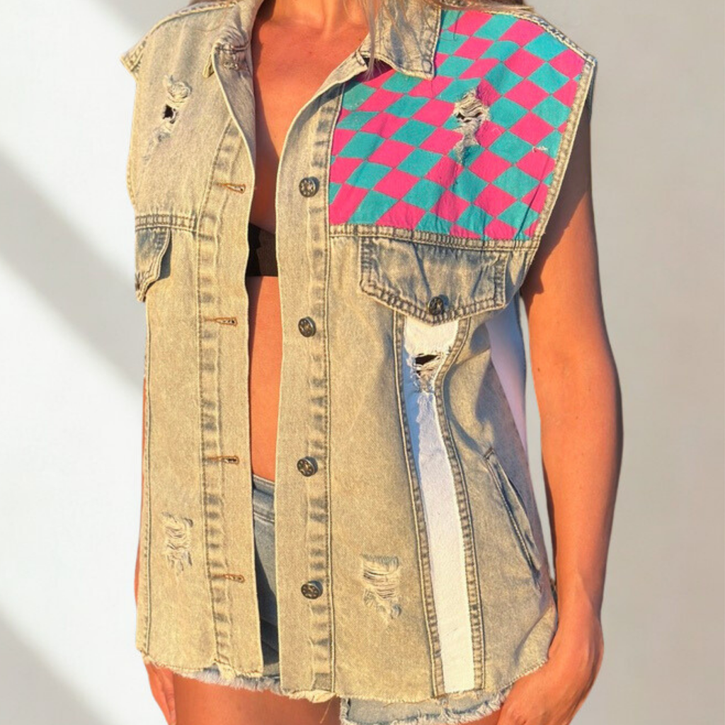 Dama Boyalı Kot Yelek - El Yapımı