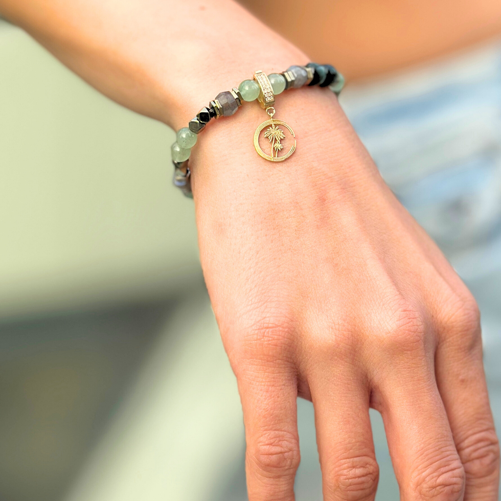 Isis Bileklik – 14 Ayar Altın Charm, Aventurin, Swarovski Kristal ve Hematit