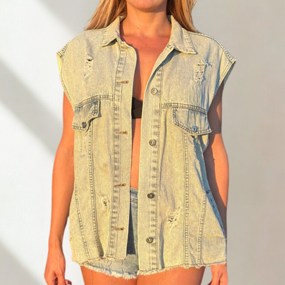 Bugs Bunny Boyalı Kot Yelek – El Yapımı