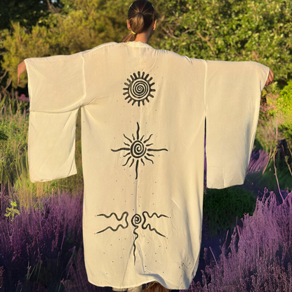 Güneş Enerjisi El Boyaması Kimono – Keten Kumaşı, Japon Kol Kesim, Özel Dikim