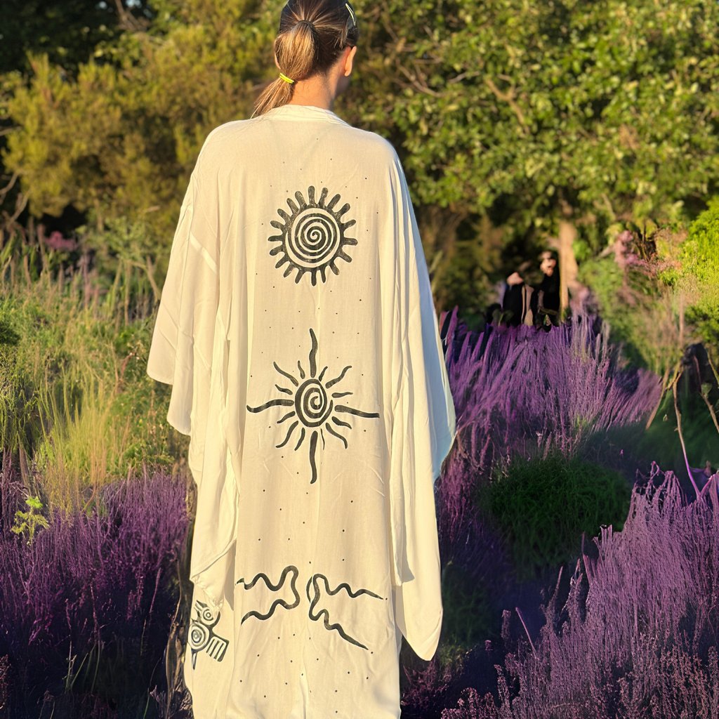 Güneş Enerjisi El Boyaması Kimono – Keten Kumaşı, Japon Kol Kesim, Özel Dikim