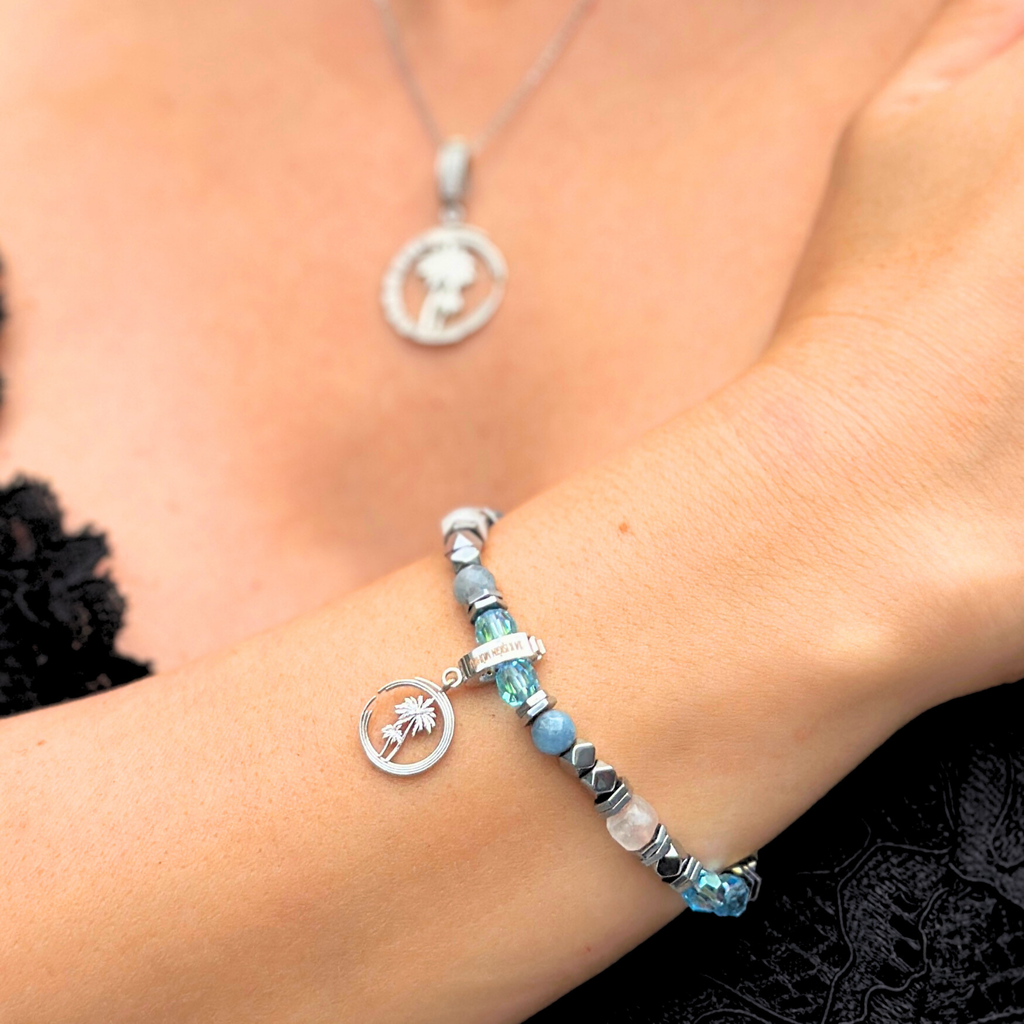 Lirea Bileklik – 14 Ayar Altın Charm, Akuamarin, Swarovski Kristal ve Hematit