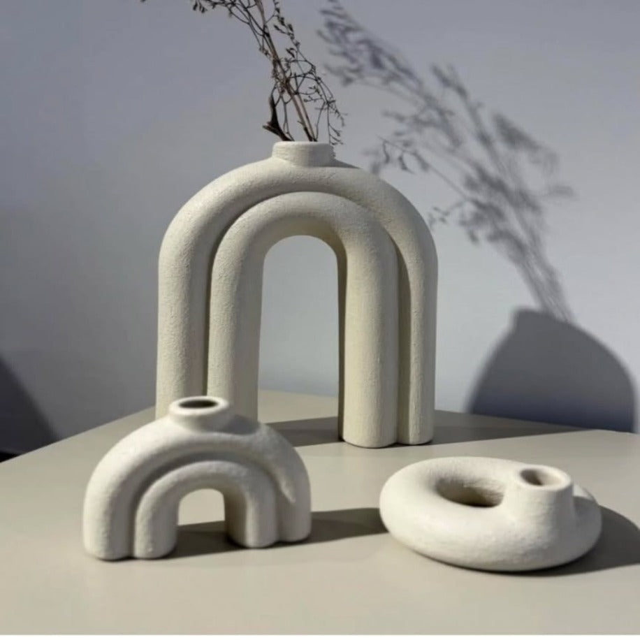 2’li N Vazo + Halka Şamdan | Seramik Renk Dekoratif Set