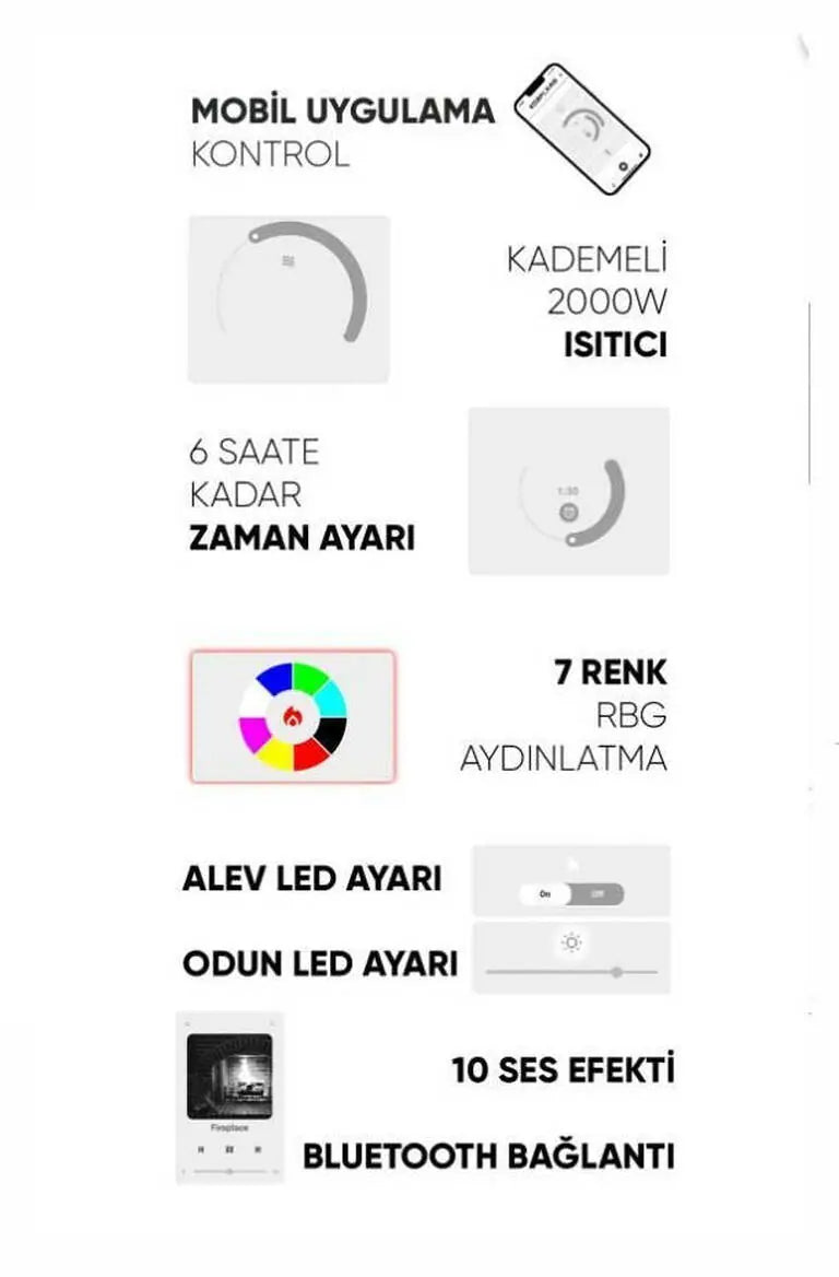 Elektrikli Şömine RGB Renkli 100 cm ( Isıtmalı )